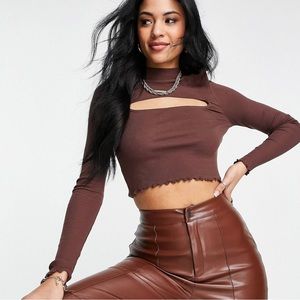ASOS Tall Long Sleeve Brown Top with Lettuce Edge and Cutout